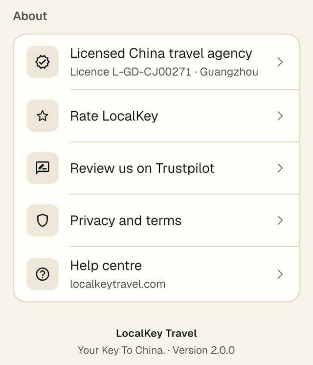 About: Licensed China travel agency with the licence number, Rate LocalKey, Review us on Trustpilot, Privacy and terms, Help centre, and the line LocalKey Travel, Your Key To China, Version 2.0.0.