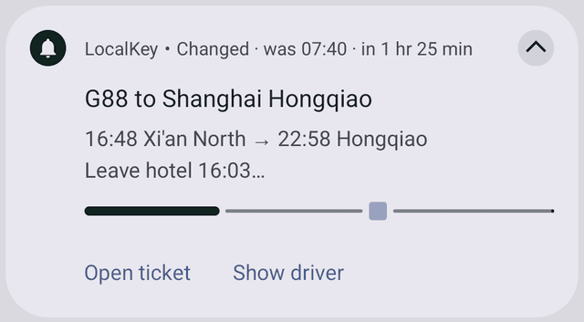 Android notification from LocalKey: Changed, was 07:40, in 1 hr 25 min; G88 to Shanghai Hongqiao, 16:48 Xi'an North to 22:58 Hongqiao, leave hotel 16:03, a progress bar, and Open ticket and Show driver buttons. Shown with the app's preview switch, so the times are sample times.