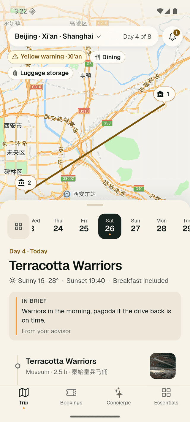 The Trip tab on an Android phone: a Tencent map of Xi'an with Chinese place names and two numbered stops, the day strip and Day 4 · Today, Terracotta Warriors.