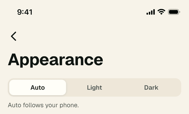 The Appearance page with Auto, Light and Dark, and the note Auto follows your phone.