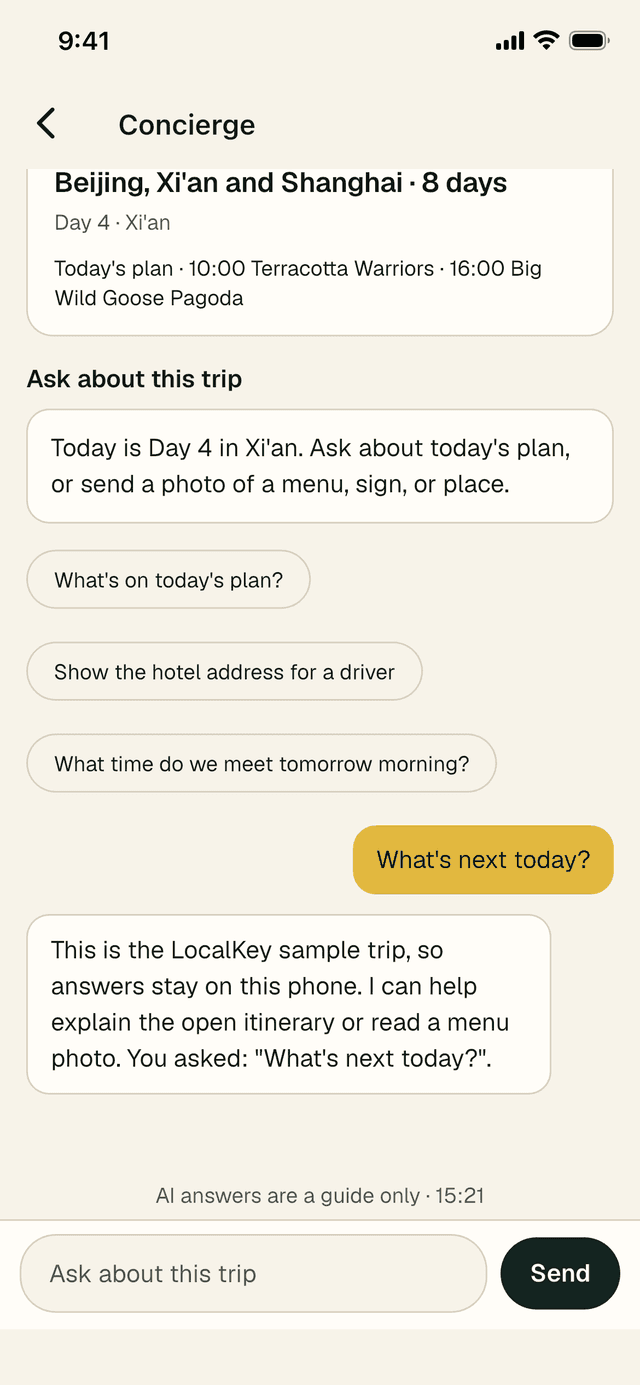 Ask about this trip: the trip summary with today's plan for Day 4 in Xi'an, suggested questions, and the question What's next today? with the sample trip's reply.