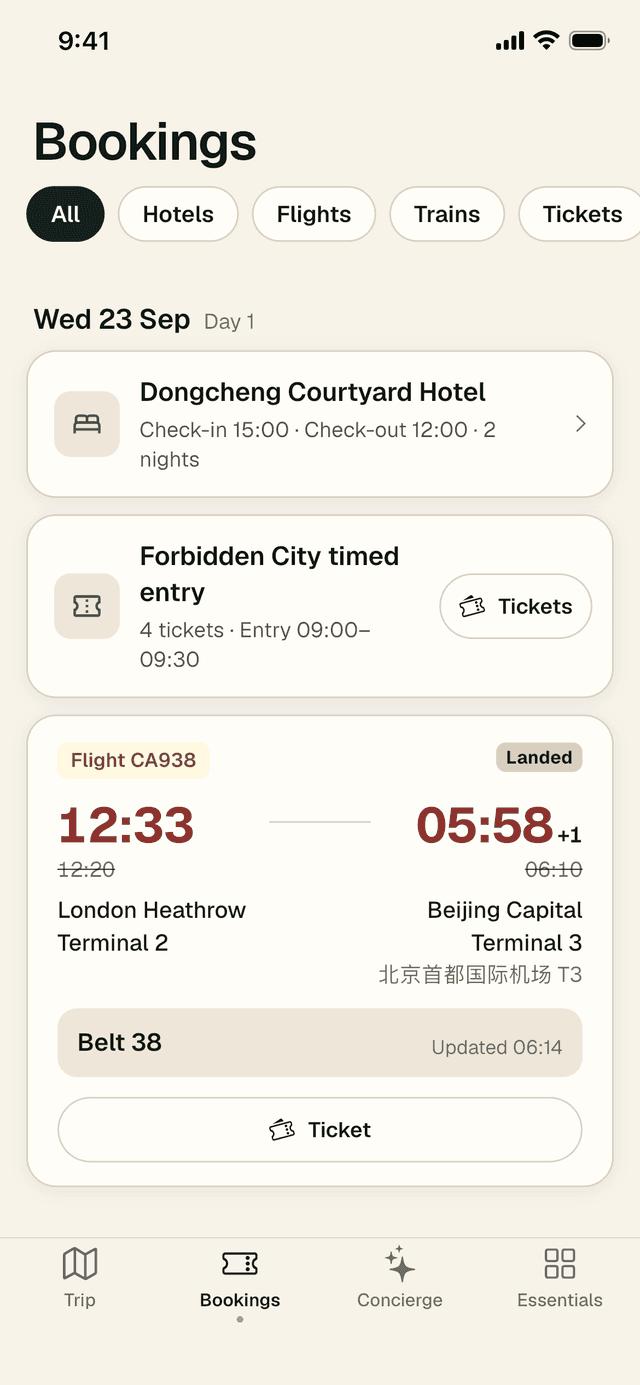 Earlier bookings for Day 1: a hotel, the Forbidden City timed entry with a Tickets button on the row, and flight CA938 from London Heathrow marked Landed, with Belt 38 and a Ticket button.