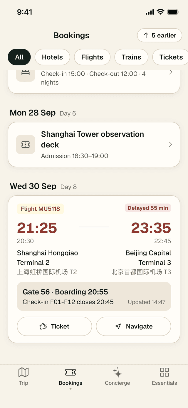 A flight card for MU5118, delayed 55 minutes, with new times in red, gate 56, boarding 20:55 and check-in counters F01 to F12 closing at 20:45.