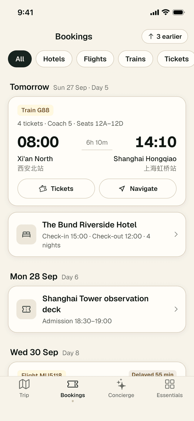 Bookings list: tomorrow's G88 train from Xi'an North to Shanghai Hongqiao with Tickets and Navigate buttons, a hotel, and an observation deck ticket.