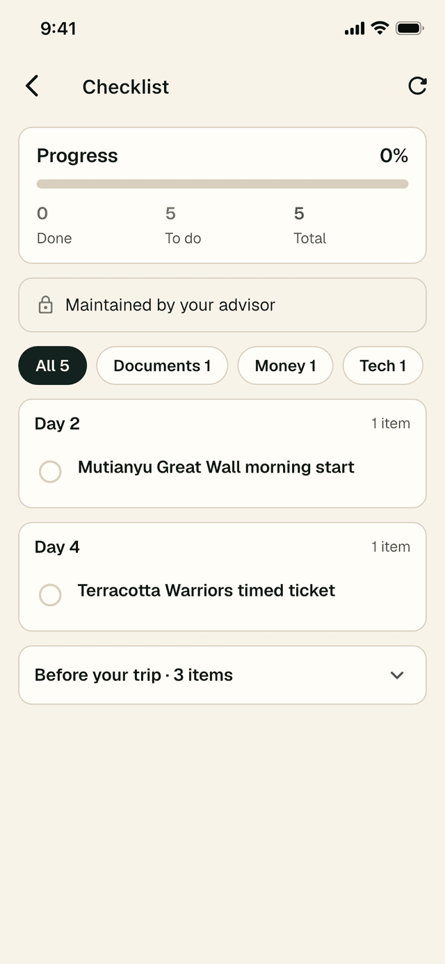 Checklist with progress, a Maintained by your advisor note, category filters and items for Day 2 and Day 4, plus a collapsed Before your trip section.
