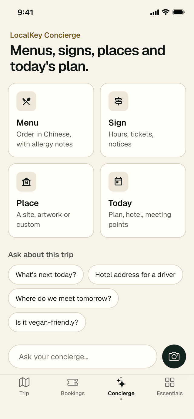 Concierge home with four tiles: Menu, Sign, Place and Today, suggested questions and an Ask your concierge box with a camera button.