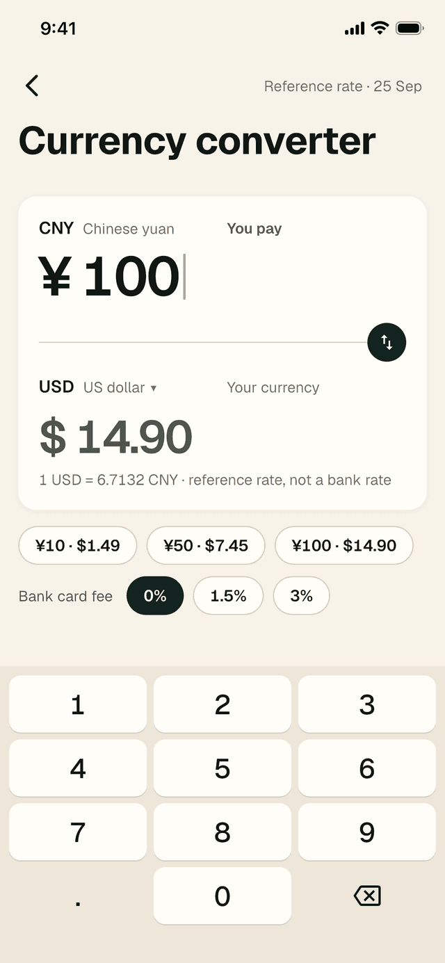 Currency converter: ¥100 equals $14.90, quick amounts, bank card fee options and a keypad.