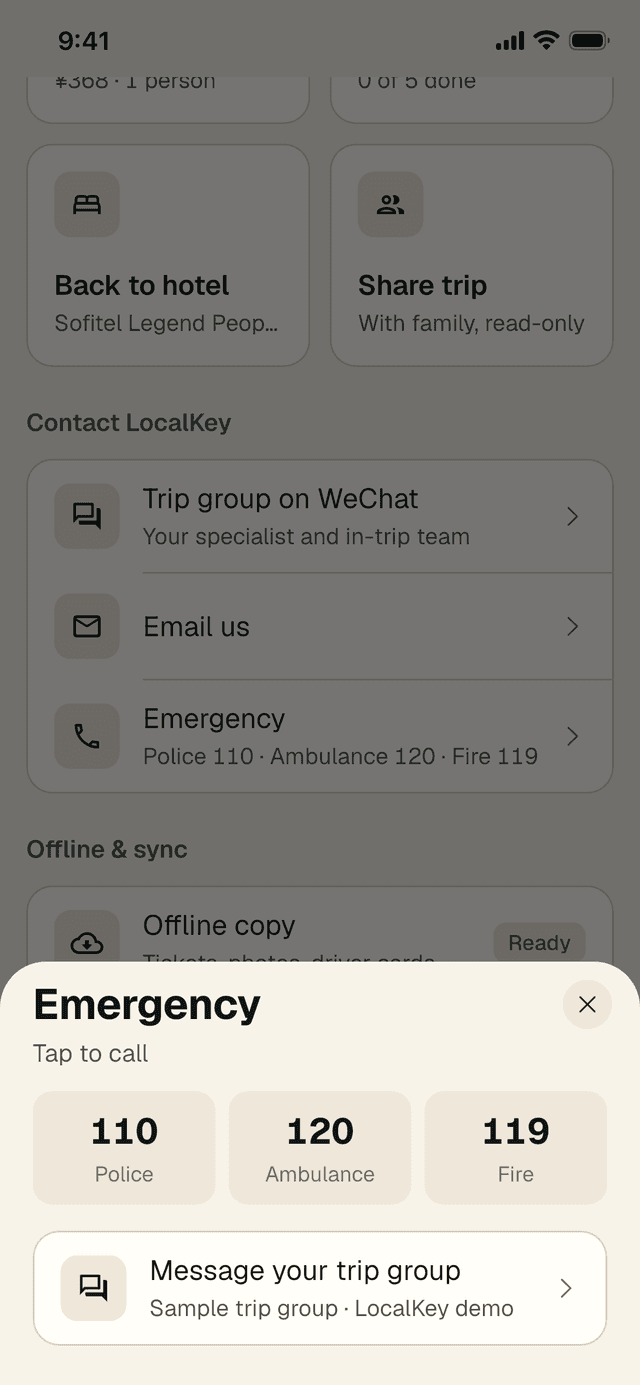 The Emergency sheet: Tap to call, with buttons for 110 Police, 120 Ambulance and 119 Fire, and Message your trip group below.