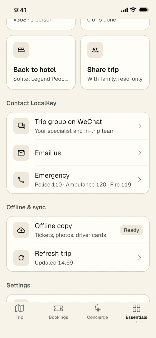 Contact LocalKey with Trip group on WeChat, Email us and Emergency (Police 110, Ambulance 120, Fire 119), then Offline and sync with Offline copy marked Ready and Refresh trip.