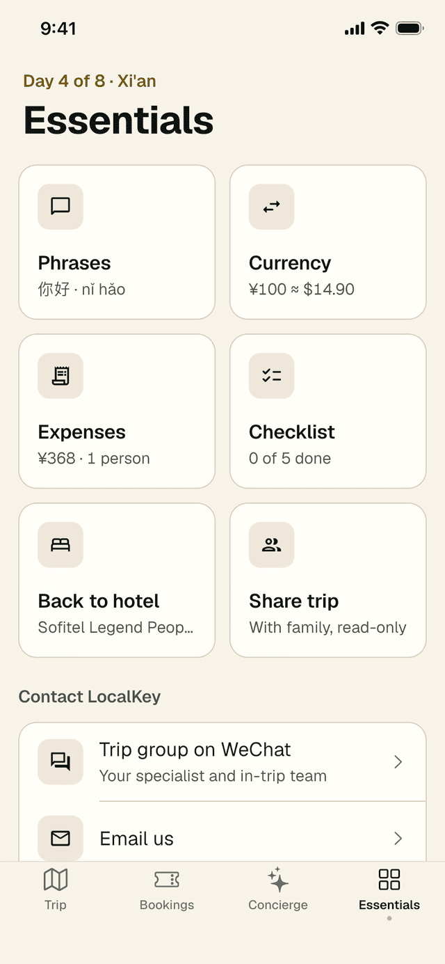 Essentials with Day 4 of 8 · Xi'an above the title, and six tiles: Phrases, Currency, Expenses, Checklist, Back to hotel and Share trip, then the start of Contact LocalKey.