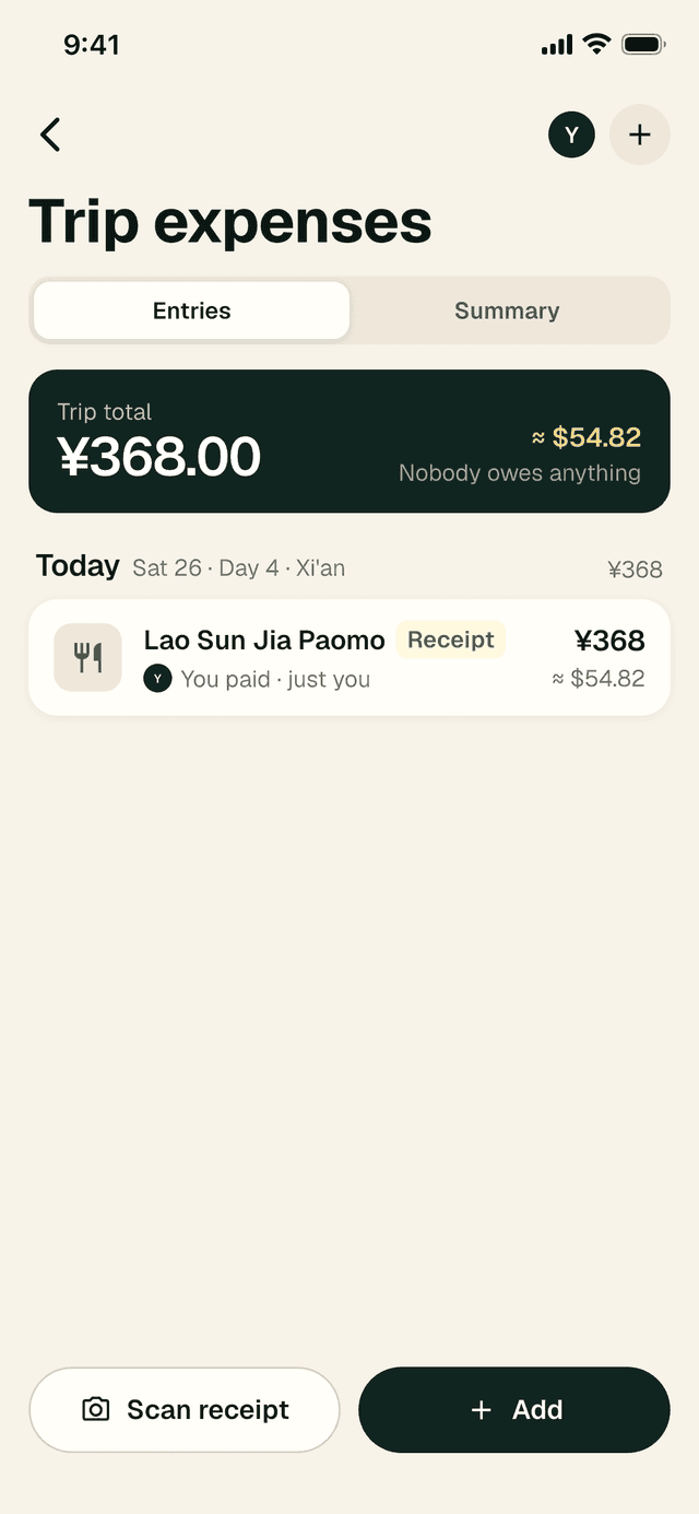Trip expenses showing a trip total of ¥368.00 (about $54.82) and one entry, with Scan receipt and Add buttons.