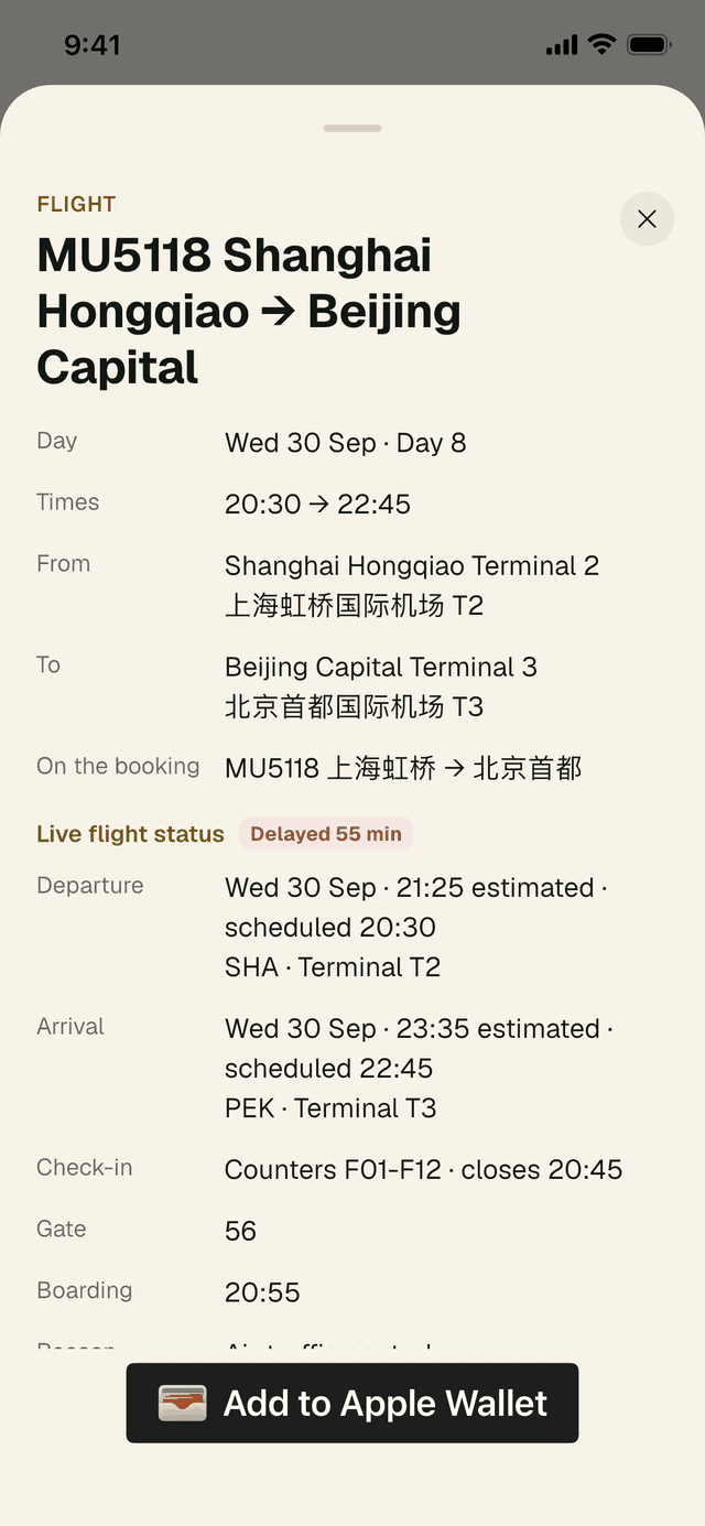 Flight detail with Live flight status: estimated departure and arrival, check-in counters, gate 56, boarding 20:55 and an Add to Apple Wallet button.
