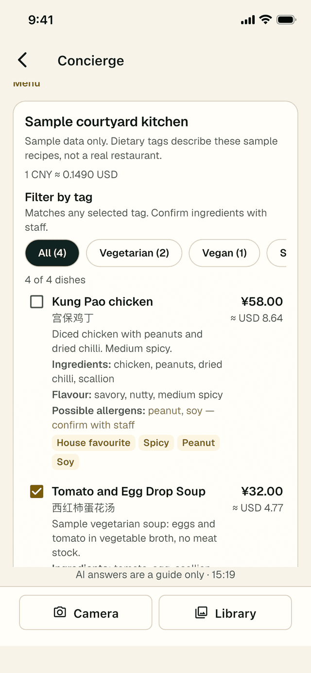 Menu result for the sample kitchen: filter chips, Kung Pao chicken with ingredients, flavour, possible allergens and tags, and a ticked tomato and egg drop soup.