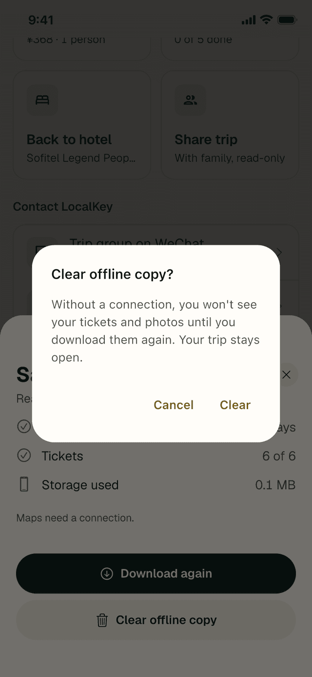 Confirmation dialog: Clear offline copy? Without a connection, you won't see your tickets and photos until you download them again. Your trip stays open. Cancel and Clear buttons.