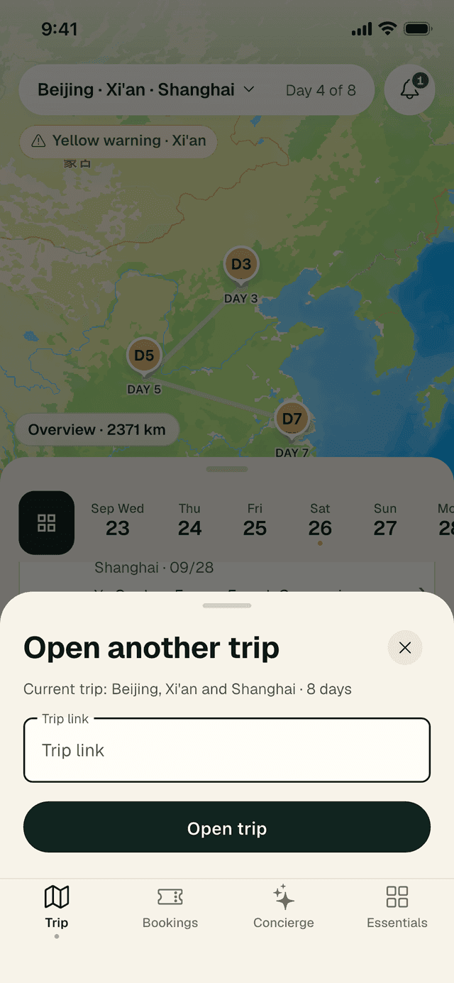 The Open another trip panel showing the current trip, a Trip link box and an Open trip button.