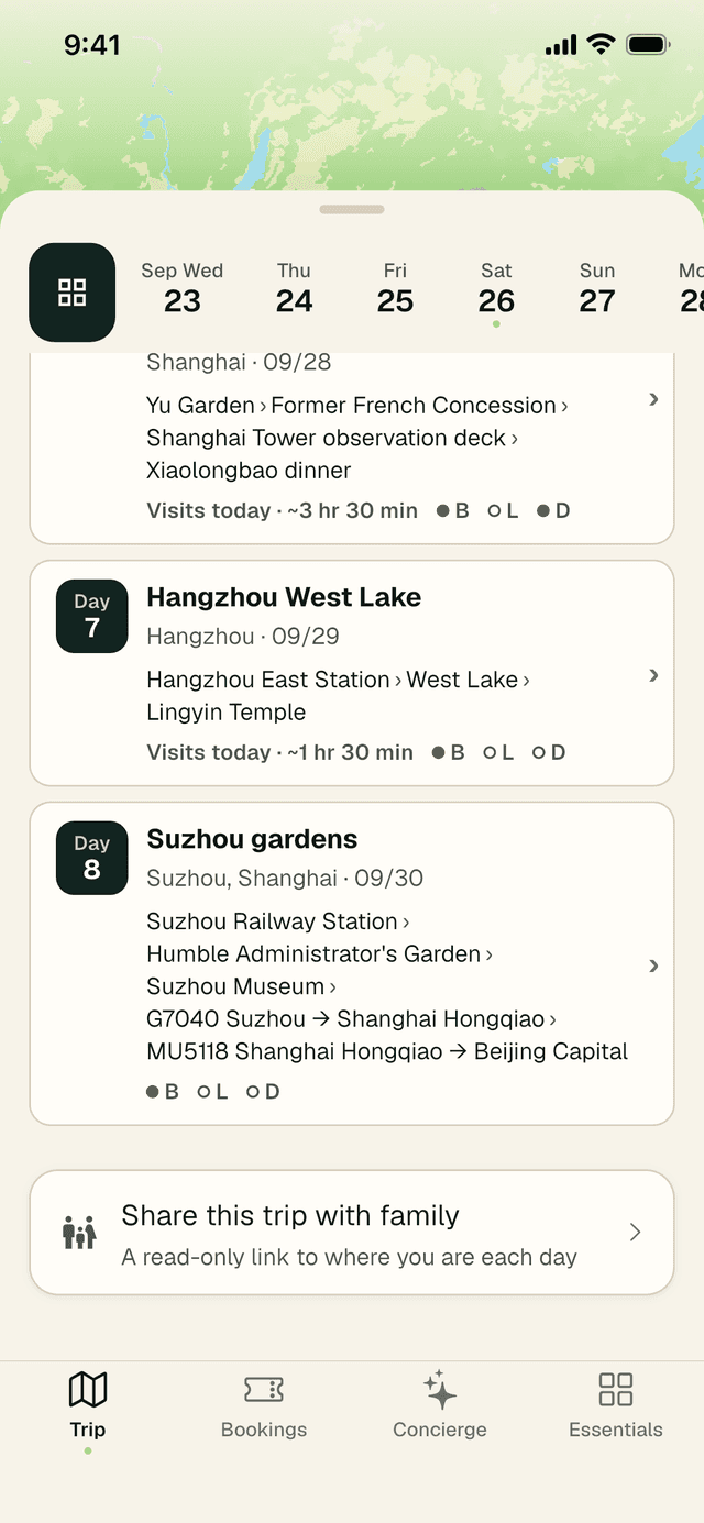 The end of the Overview list: Hangzhou West Lake and Suzhou gardens days, then a Share this trip with family row reading A read-only link to where you are each day.