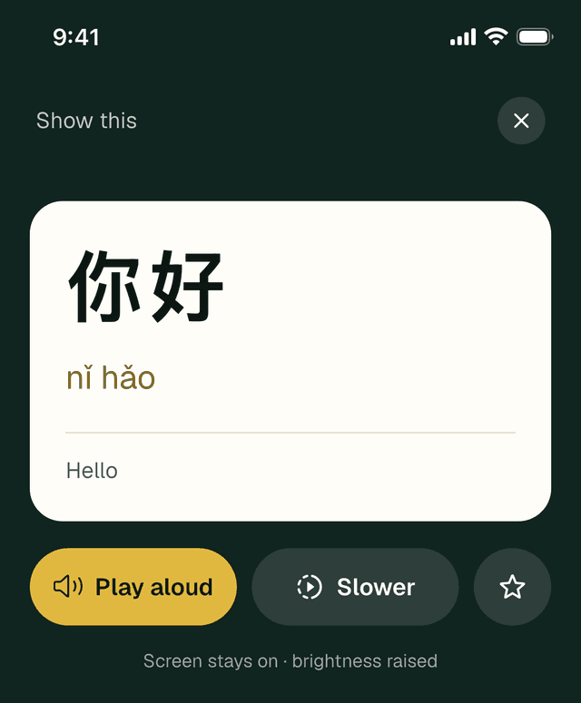 Nǐ hǎo shown large on a card, with Play aloud, Slower and a star button.