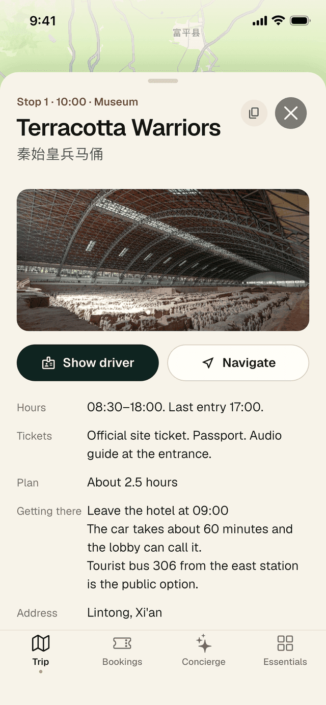 Place card for the Terracotta Warriors with a photo, Show driver and Navigate buttons, hours, tickets, plan and getting there.