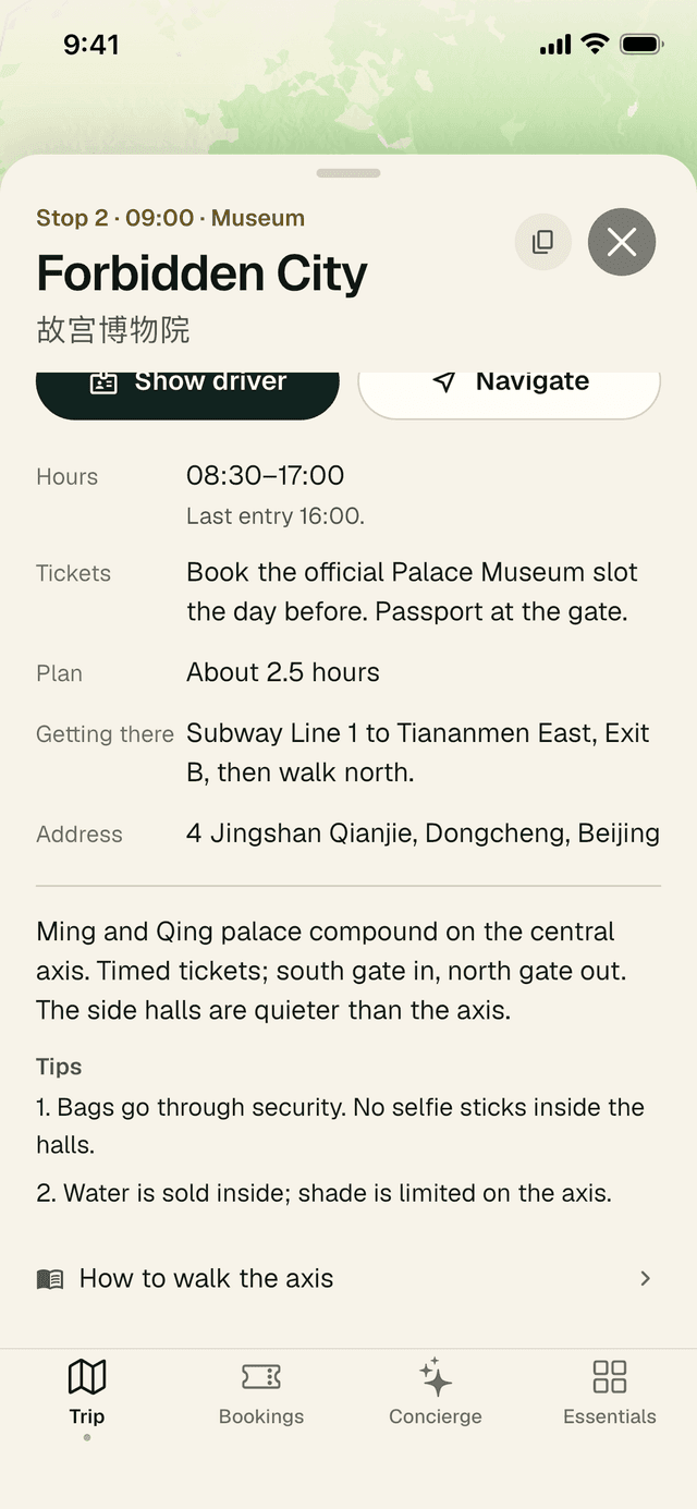 Forbidden City place card further down: hours, tickets, address, an introduction, two tips and a guide link, How to walk the axis.