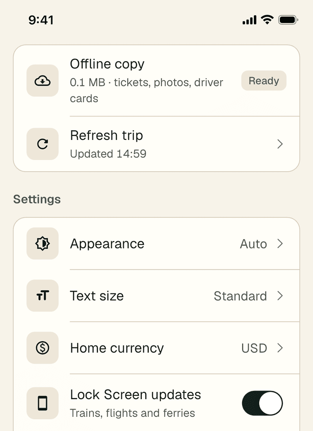Offline copy marked Ready with 0.1 MB of tickets, photos and driver cards, Refresh trip, then Settings: Appearance Auto, Text size Standard, Home currency USD and Lock Screen updates switched on.