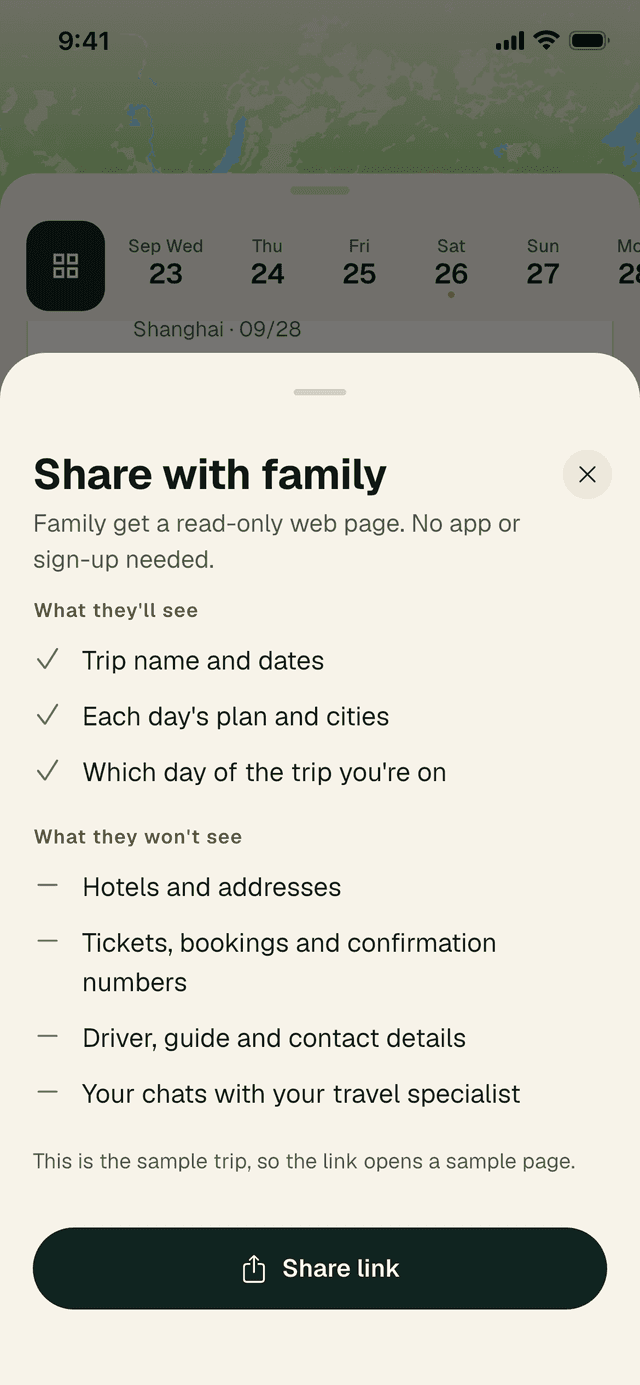 Share with family panel listing what they'll see and what they won't see, with a Share link button.