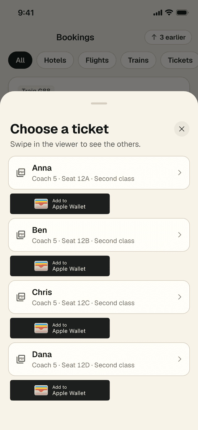 Choose a ticket: four travellers with coach and seat numbers, each with an Add to Apple Wallet button.