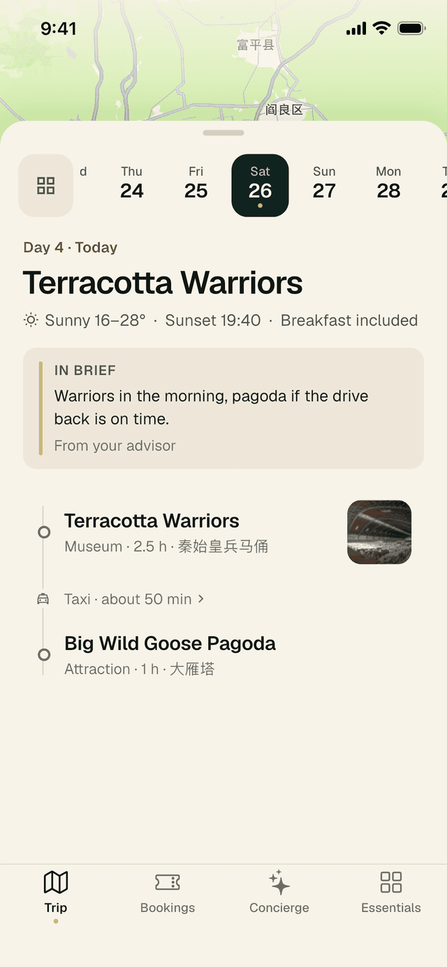 Day 4, Terracotta Warriors: weather, sunset time, breakfast included, a note from the advisor, then a calm list of two stops with a taxi of about 50 minutes between them.