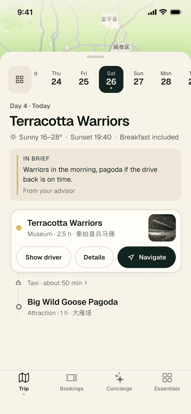 The Terracotta Warriors stop opened in the day list, with Show driver, Details and Navigate buttons, and a taxi of about 50 minutes to Big Wild Goose Pagoda below.