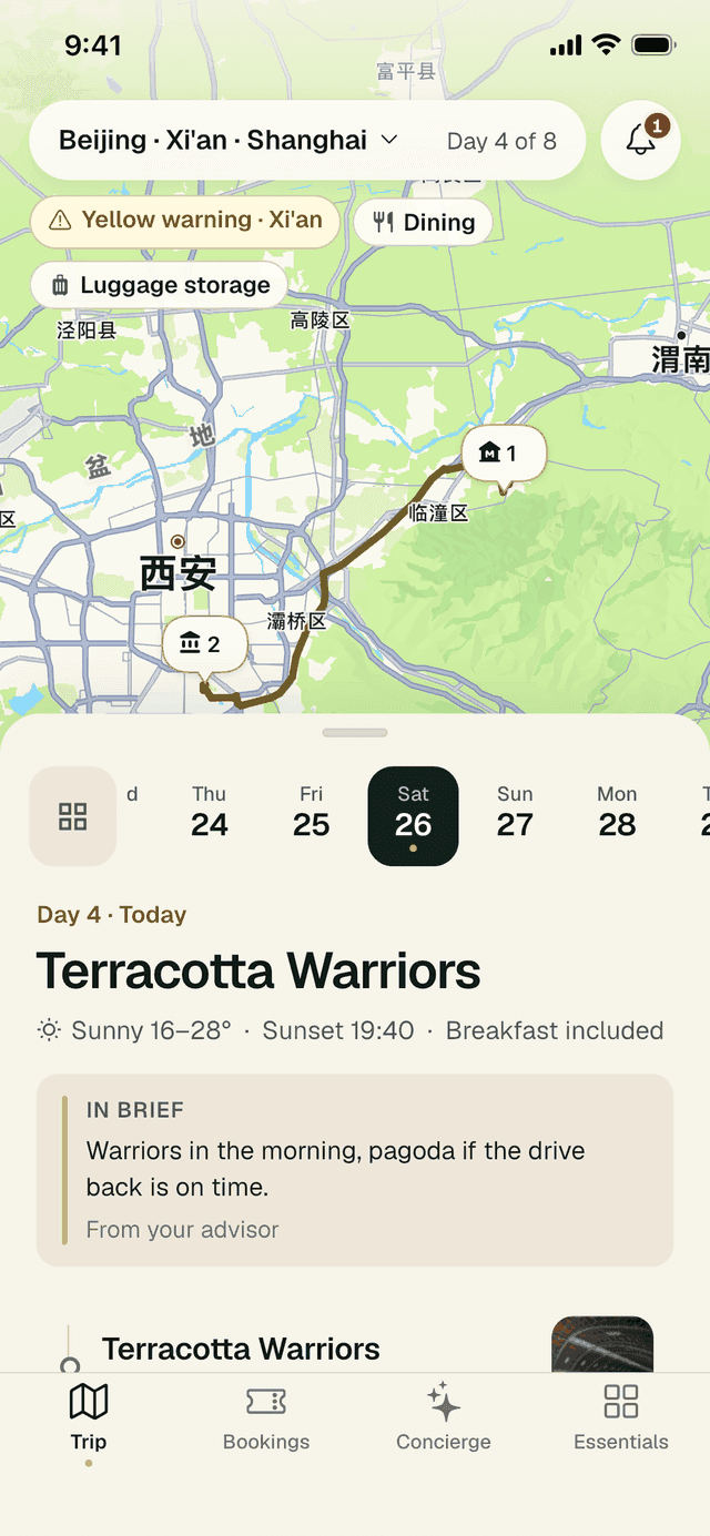 The Trip tab: a map of Xi'an with two numbered stops joined by a road route, the day strip with Saturday 26 selected, and Day 4 · Today, Terracotta Warriors, with the weather and a note from the advisor.