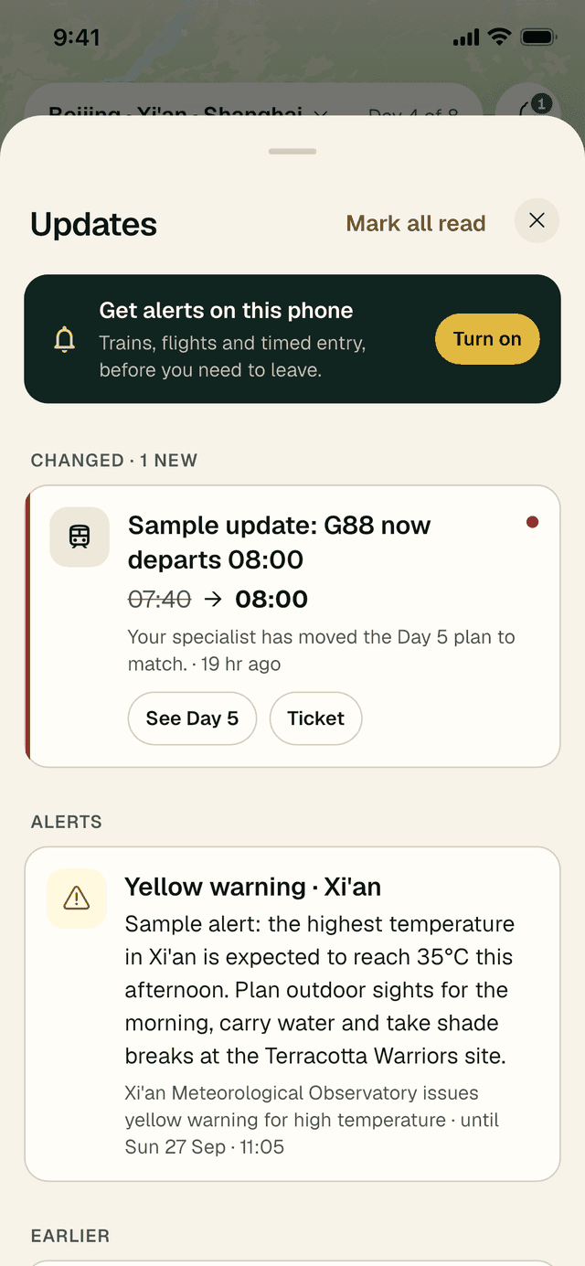 The Updates panel: a Get alerts on this phone card, a sample change showing the G88 train moved from 07:40 to 08:00 with See Day 5 and Ticket buttons, and a weather alert.