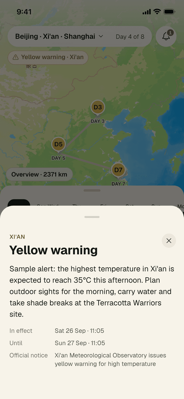 A sample yellow warning for Xi'an explaining high temperatures, with advice to plan outdoor sights for the morning, and the in effect and until times.
