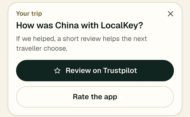 Wrap-up card: Your trip, How was China with LocalKey? with Review on Trustpilot and Rate the app buttons and a close button. Shown on the sample trip with the app's preview switch.