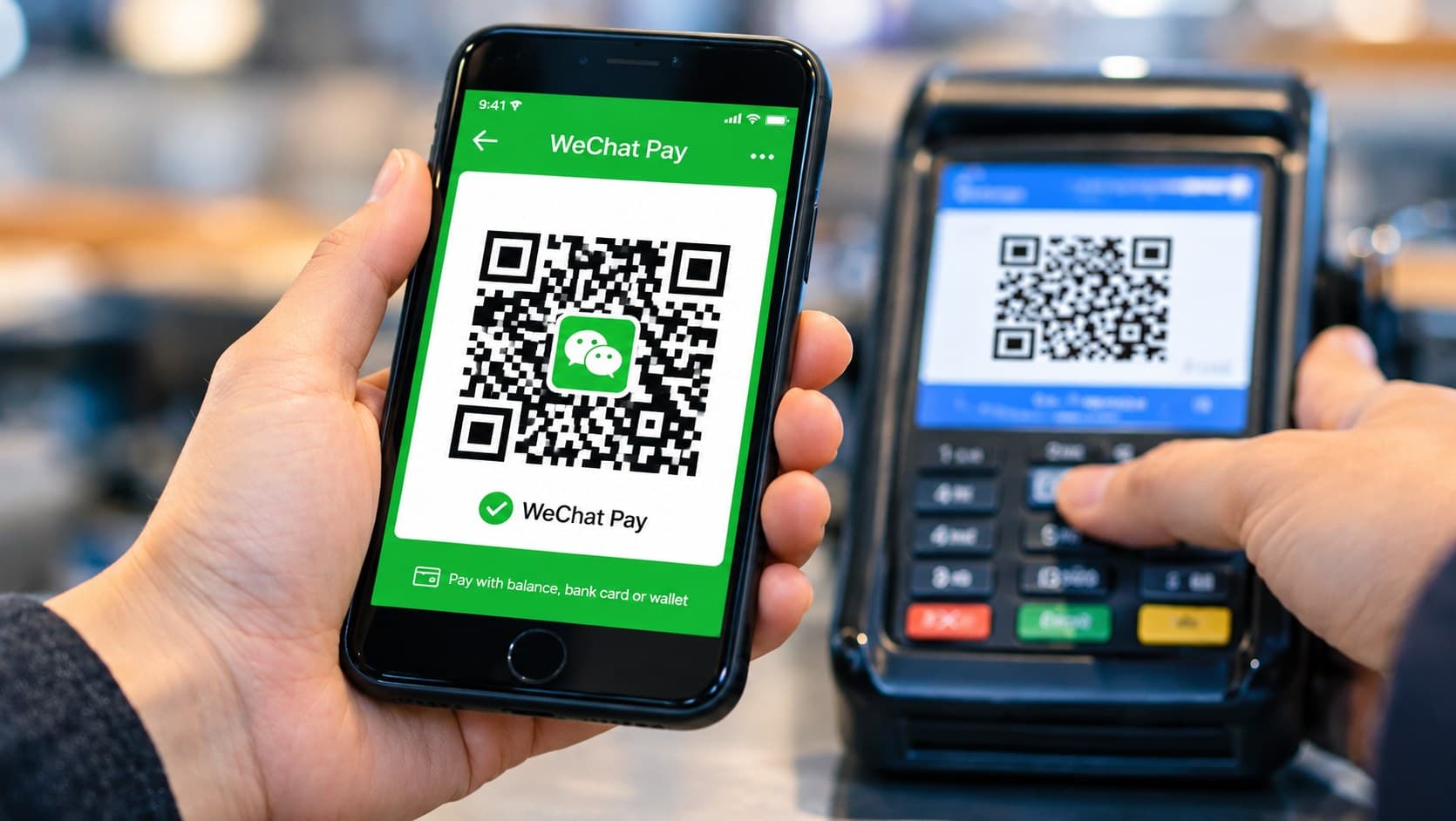 Tourist scanning WeChat Pay QR code with POS terminal for payment.