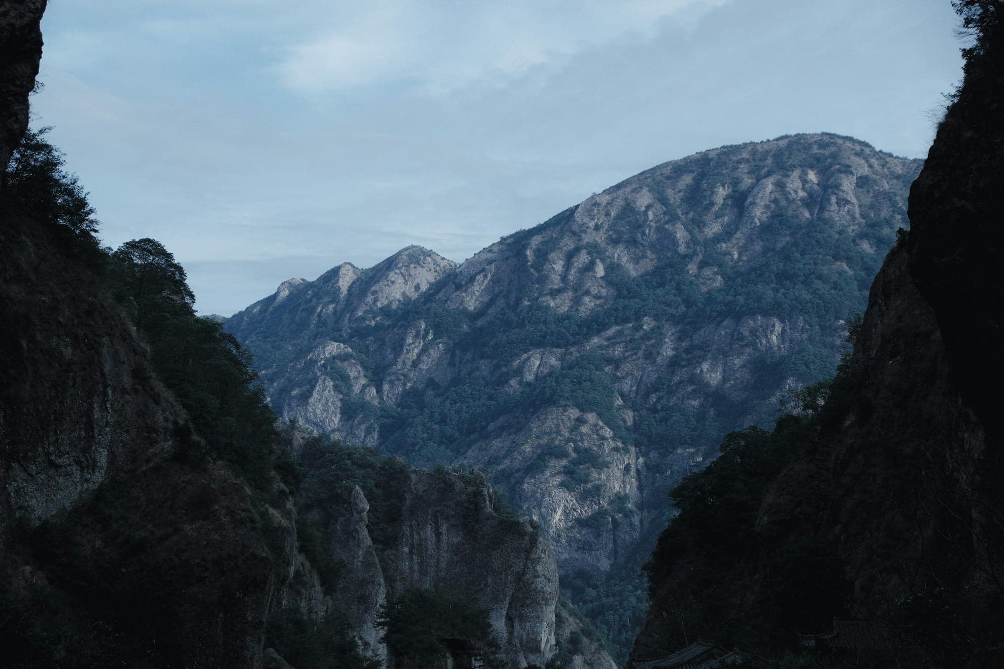 Picos de roca escarpados vistos desde una garganta en la montaña Yandang, Zhejiang