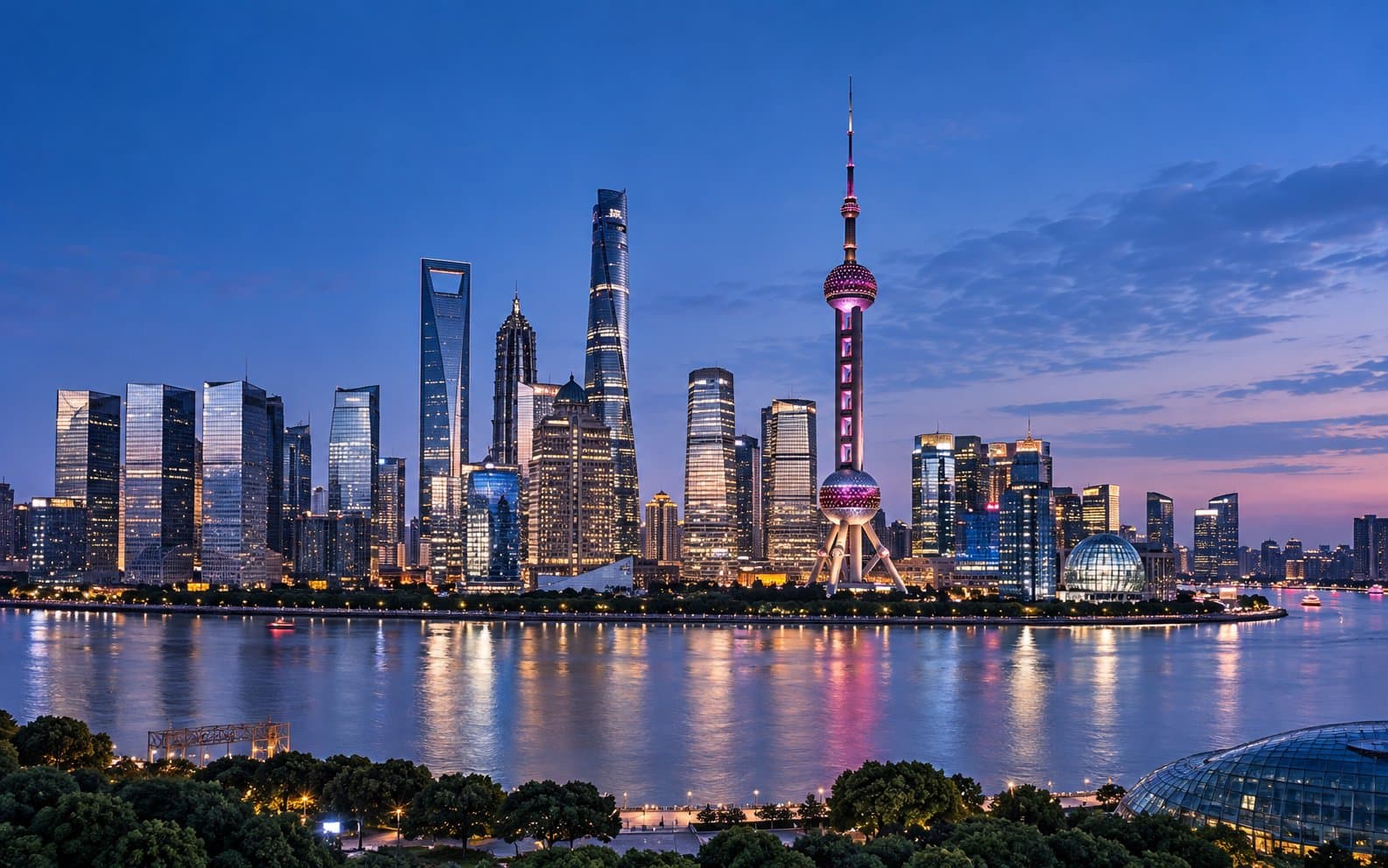 The Bund waterfront in Shanghai lit up at night