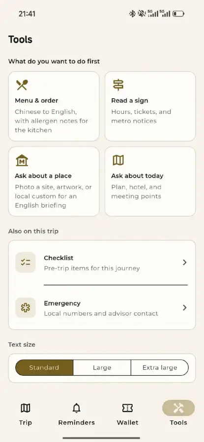 Reisewerkzeuge in der LocalKey-App mit Speisekarten- und Schilderleser