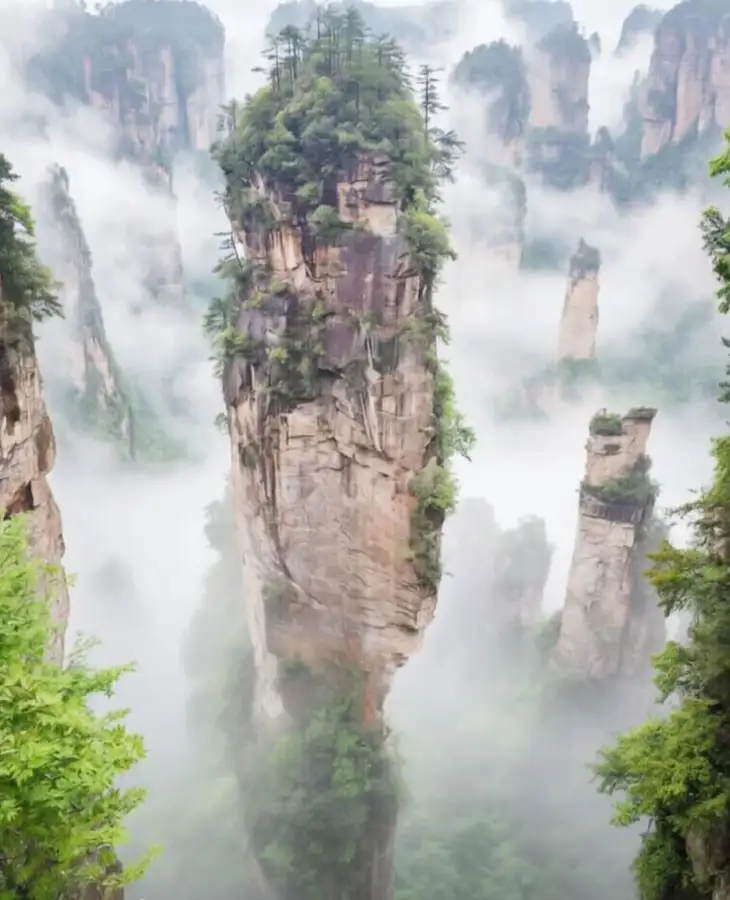 Sandstone pillars rising above mist in Zhangjiajie National Forest Park