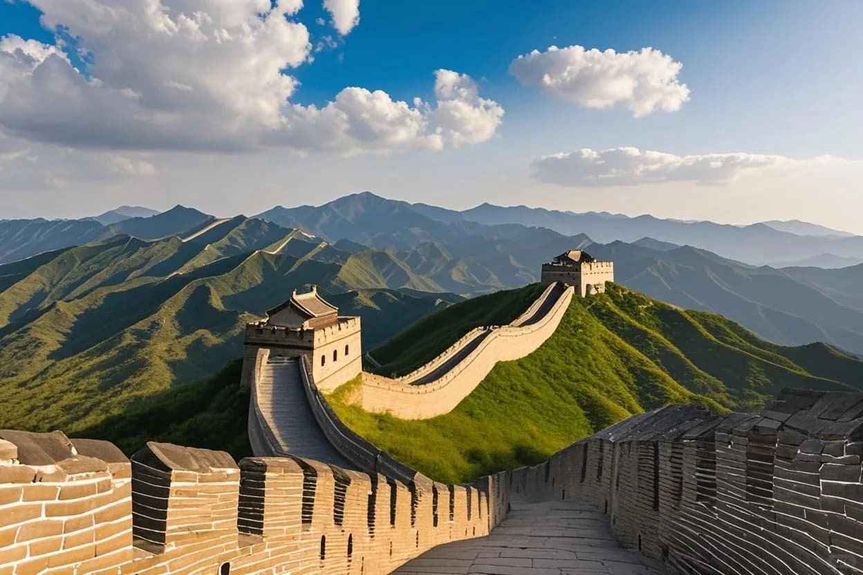 The Great Wall of China winding through green mountain ridges under a blue sky with white clouds