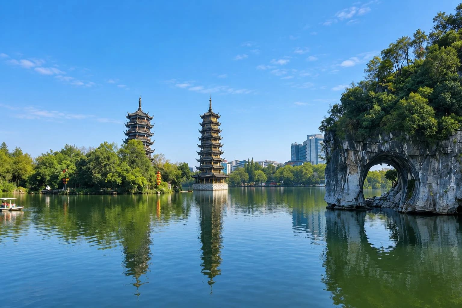 Sun and Moon Pagodas by the lake in Guilin for a first-time China route with Yangshuo