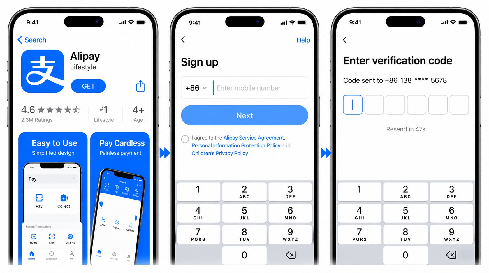 Alipay on App Store, sign-up and verification code pages on iPhone.