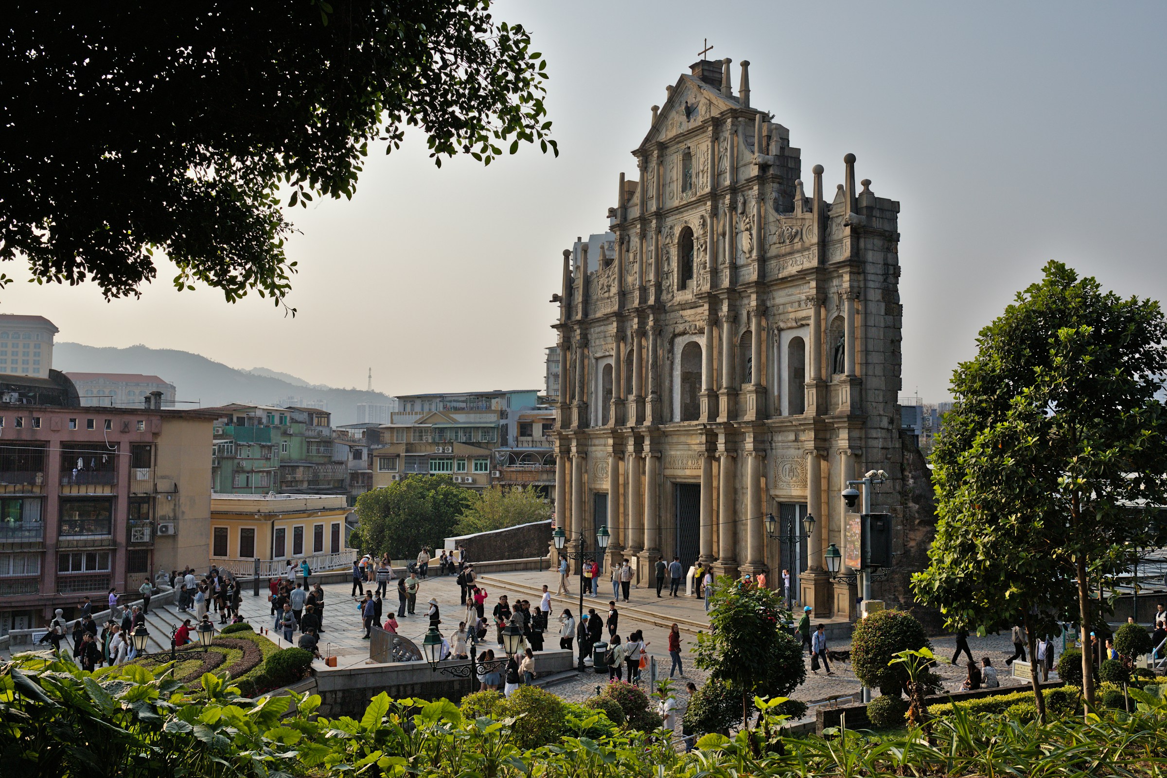 Stone facade of the Ruins of St. Paul's rising above the stepped square in Macau's Historic Centre